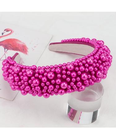 Hapdoo Hot Pink Pearl Headbands for Women Wide Padded Hair Hoop with Faux Pearl for Gift Bling Valentine Hairbands Hair Accessories for Women Girls
