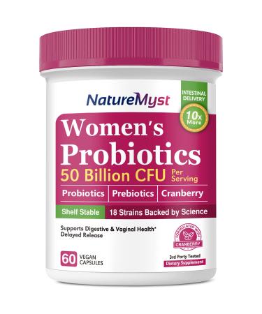 NatureMyst Womens Probiotics, 50 Billion CFU, 18 Strains for Women, Plus Prebiotic & Cranberry, Support Digestive, Vaginal & Urinary Health, Shelf Stable, 60 Delayed Release Vegan Caps
