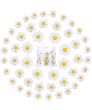 Hicarer 50 Pieces Flatback Resin Daisy Flowers Daisy Flower Epoxy Charms Mini Decorated Daisies Artificial with Storage Box for DIY Craft Cloth Pen Box Home Decoration  3 Sizes (White and Yellow)