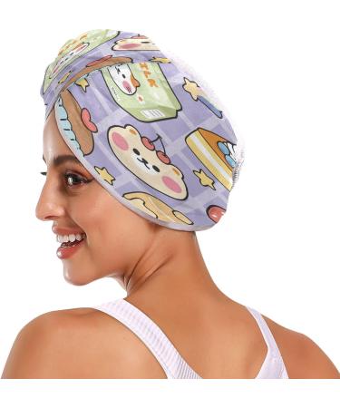 Cute Sticker Cartoon Dry Hair Cap | 2-Piece Quick Drying Towel Set with Button Headband | Super Absorbent & Soft Comfort for Everyday Use - International Shipping Available - Buy Online on GoSupps.com