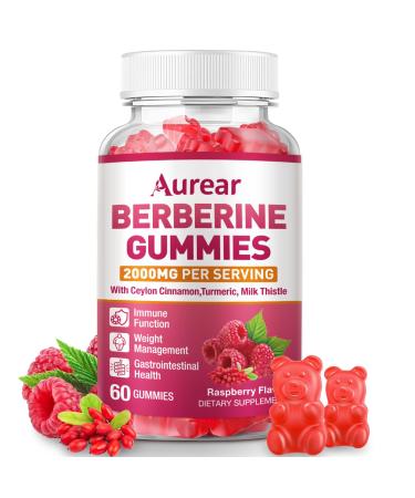 Aurear Berberine Gummies 2000mg High Potency Berberine HCI Suitable for Men Women and Children of All Ages it Supports Immune and Gut Health.Raspberry FlavorSupport - 60 Count