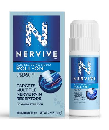 Nervive Nerve Care, Pain Relief Roll On Liquid, Max Strength No-Mess Topical Pain Reliever with Lidocaine and Menthol for Toes, Feet, Fingers, Hands, Legs & Arms, 2.5oz