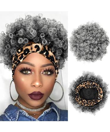 Allyreetress Short Curly Wigs with Headbands Attached for Black Women Synthitic Kinky Curly Afro Puff No Drawstring Ponytail Wig Headwrap Hairstyles With 2 Clips(T1B/Grey) Yellow Leopard Pattern T1B/grey