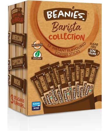 3 x Beanies Flavoured Barista Collection Coffee Sachets Variety Box - 12 Per Pack - Mixed Americano Cappuccino Mocha Instant Coffee - Vegan nut free low calories - Buy Online on GoSupps.com