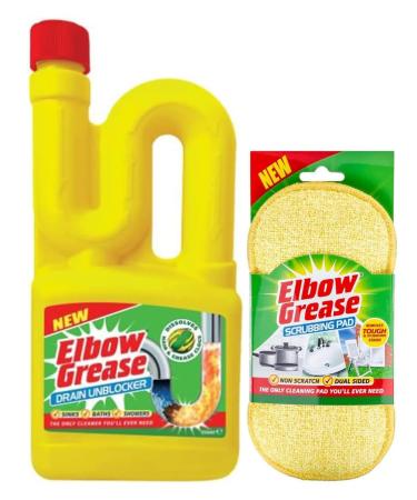 Elbow Grease Drain Unblocker 750 ml Effective for Sinks Baths Showers - For Stubborn Blockages- with Elbow Grease Scrubbing Pad