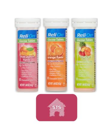 Relion Glucose Tablets (Mix Flavors) Orange Tropical and Fruit Punch - Total 30 Tablets + STS Sticker.