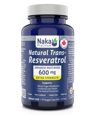 Naka Platinum Natural Trans-Resveratrol 600 mg extra strength Japanese Knotweed for Blood Sugar Metabolism Cardiovascular Health Free Radical Protection 75 Veggie Caps (Bonus Size 60+15 Free)