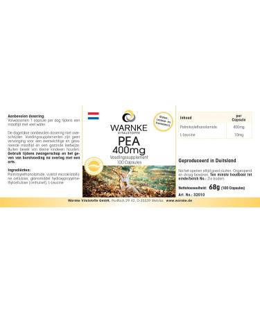 PEA 400mg - with 400mg palmitoylethanolamide per capsule - 100 capsules - highly dosed - vegan | Warnke Vitalstoffe - Quality from German pharmacies - Buy Online on GoSupps.com