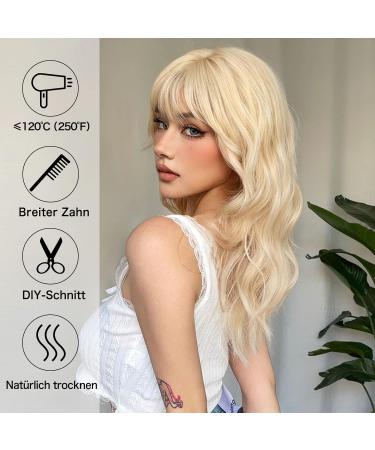 Allbell Long Curly Blonde Wigs with Bangs - Natural Looking Heat-Resistant Water Wavy Synthetic Wigs for Women | International Shipping - Buy Online on GoSupps.com