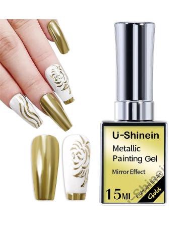 U-Shinein Metallic Painting Gel for Nail Metallic Liner Update Painting Gel Kit Strong Reflection Nail Gel Nail Art Paint UV Nail Gel Nail Liner Gel 15ml 0.5oz Golden