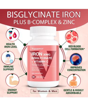 VEGEPOWER Iron Supplements for Women Men - Iron-glycap - 90 Capsules - Buy Online on GoSupps.com