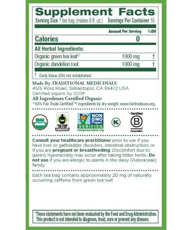 Organic Dandelion Green Tea - Liver Support Herbal Tea (16 Bags) | Traditional Medicinals - Buy Online on GoSupps.com