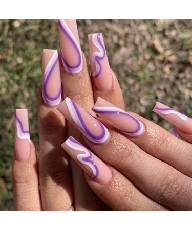 Justotry 24 pieces Swirl Press on Nails Lang Purple Artificial Nails with Wavy Patterns Coffin Art Nails Nail to stick on Ballerina fake nails fingernails for women Purple & White Coffin