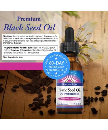 Heritage Store Black Seed Oil 1 oz | Pure Cold Pressed | 3% Thymoquinone | Heart, Digestion, Immune & Skin Support - Buy Online on GoSupps.com