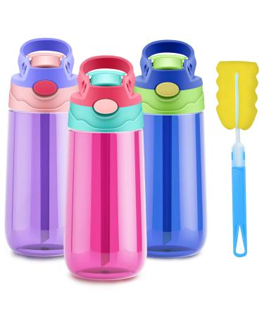 ROISDIYI Kids Water Bottle with Straw Spill Proof Toddler Water Bottles for School 16 OZ 3 Pack Ideal for Travel and Activities Easy Clean and Dishwasher Safe Press The Button For Pop Up Straw