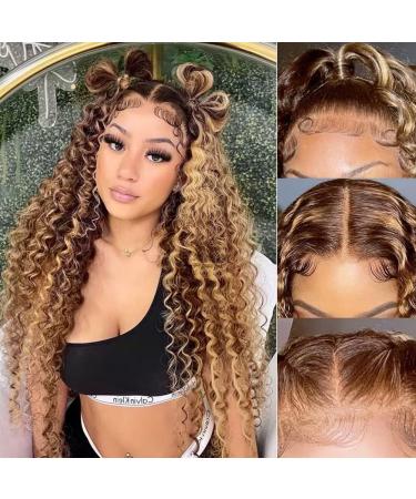 XZZ 20 Inch Ombre Highlight Lace Front Wigs Human Hair 4/27 Colored 150% Density Curly Honey Blonde Wig Colored Human Hair 13X4 HD Lace Frontal Wigs Pre Plucked Hairline with Baby Hair 20 Inch Hightlight Curly