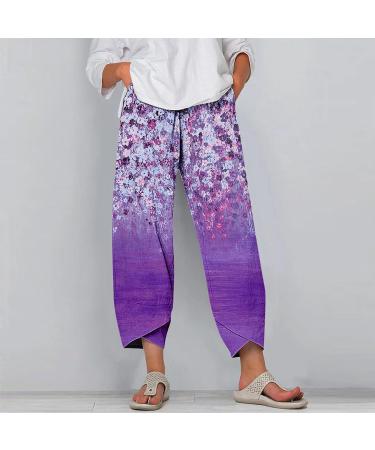 Boho Print Cotton Linen Capri Pants for Women - Purple, X-Large - Buy Online on GoSupps.com