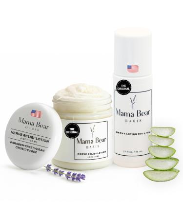 Mama Bear Oasis Comfort Bundle Magnesium Lotion + Roll On Nerve Support | Fast Absorbing Non-Greasy Relief with Natural Ingredients Hydrating Cream for Feet Legs toes & Nerve Support