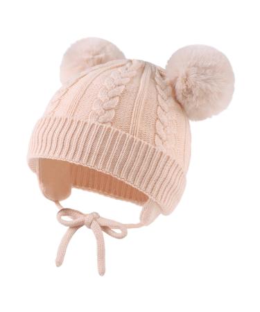 Flower Baby Girls Pompom Beanie Winter Infant Toddler Hat for Girl Knitted Soft Fall Beanies Hat 2-4 Years Beige