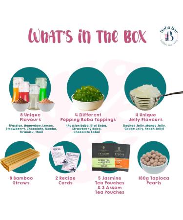  Boba Bar Creamy Twist - Mixed Bubble Tea Kit | 8 Mixed Tea Flavours 8 Popping Boba & Jelly Toppings Tapioca Pearl Bubble Tea (Serves 8) | Green Tea & Assam Tea Bags from Boba Bar London. - Buy Online on GoSupps.com