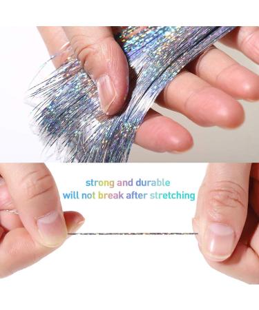 47 Shining Silver Holographic Hair Tinsel - Heat-Resistant Silk Extensions | Easy Apply Hair Accessories for Girls & Parties (400 Strands) - Buy Online on GoSupps.com
