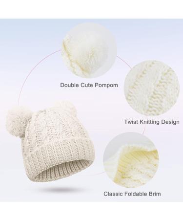 Baby Girls Double Pom Pom Bobble Hat - Warm Knitted Beanie for Toddlers 1-6Y, White - Buy Online on GoSupps.com