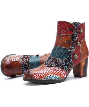 SOMESHIEN Women's Brown Leather Ankle Bootie - Vintage Floral Pattern, Size 8.5 | Side Zipper, Short Fashion Boots - Buy Online on GoSupps.com