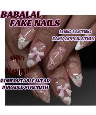 Buy BABALAL Medium Almond Press on Nails - White French 3D Flower Bow Charm 24Pcs Stiletto Acrylic Manicure - International Shipping Available - Buy Online on GoSupps.com