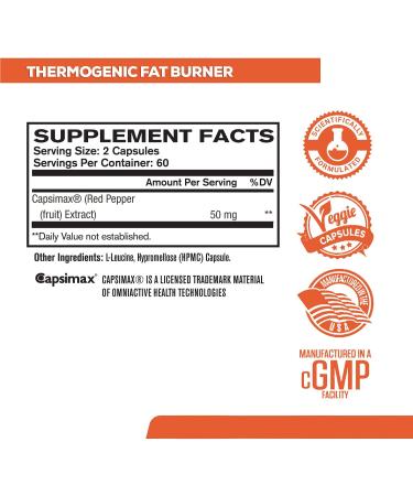 Capsimax Cayenne Pepper Extract 50mg - Thermogenic Fat Burner and Metabolism Support - 120 Veggie Capsules - Buy Online on GoSupps.com
