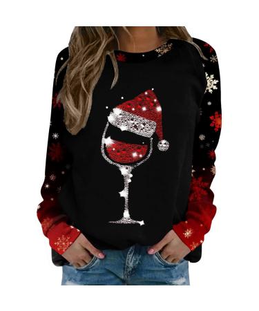 Women's Christmas Sweatshirts Cute Snowman Penguin Print O-Neck Raglan Top Shirt Pullover Comfy Warm Xmas Jumper Winter Long Sleeve Tops Loose Tunic Top Sweaters Z12-black S