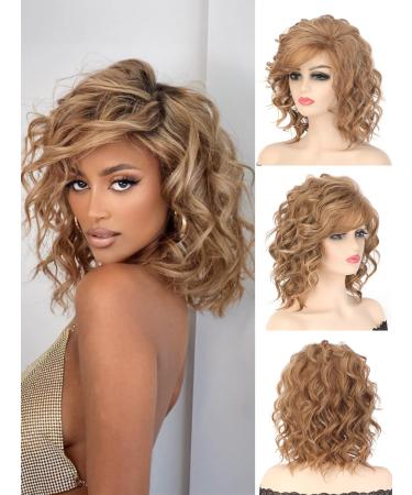 14 inch Short Curly Wavy Bob Wigs for Women Ombre Blonde Wavy Wigs with Side Bangs Synthetic Hair Wig