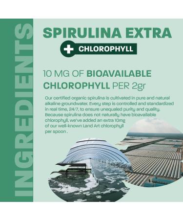 Certified Organic Fresh Spirulina Extra Powder 300g - Improved with Bioavailable Chlorophyll Added - Mint flavoured - Clean Source - 3rd party tested - Measuring Spoon Inside - Made in Canada - Buy Online on GoSupps.com