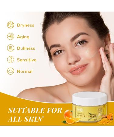 ANAiRUi Turmeric Vitamin C Face Cream Moisturising Collagen Face Cream for Dry Skin Daily Used Turmeric Vit C Facial Cream for Dark Spots Wrinkles Anti-Ageing Even Skin Tone 50g - Buy Online on GoSupps.com