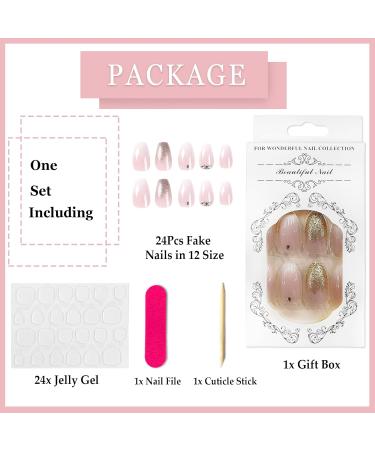 24Pcs Short Coffin French False Press On Nails with Rhinestones Gradient - Nude Pink Stick on Nails for Women - Removable Glue-on Acrylic Fake Nails - Buy Online on GoSupps.com