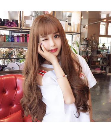 Buy Long Curly Hair Wig with Air Bangs - Fluffy Dark & Light Brown Realistic Wigs for Women | International Shipping - Buy Online on GoSupps.com