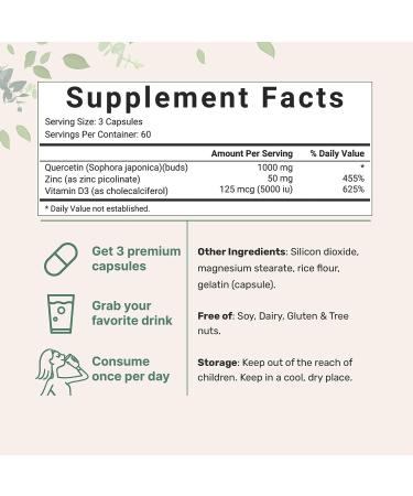 Micro Ingredients Quercetin 1000mg with Zinc 50mg and Vitamin D3 5000 IU - 180 Capsules | Immune Support 3-in-1 Formula with Zinc Quercetin & Vitamin D | Non-GMO & Gluten-Free - Buy Online on GoSupps.com