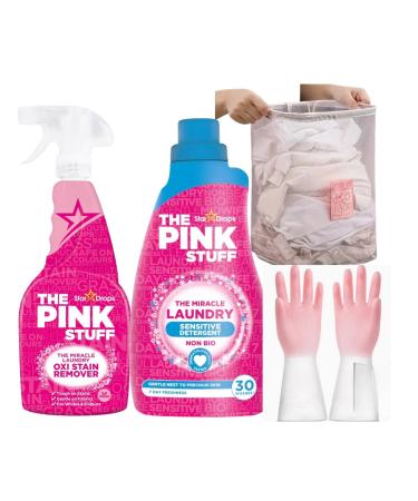 The Pink Laundry & Stain Remover For Clothes- Includes 500ml The Pink Stuff Spray Oxi Stain Remover 960ml Non Bio Washing Liquid Sensitive Detergent Bundled with Pink Reusable Gloves & Laundry Basket.