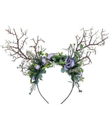 MOSTORY Handmade Forest Crown Antler Tree Branch Headband Purple Rose Flower Headpiece Woodland Fairy Hair Garland for Women Carnival Mardi Gras Renaissance Fair Fae Ball Prom Accessory