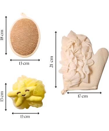 3x Bath Set: Shower Glove Exfoliating Pad and Bath Sponge. Complete Bath Kit for Cleaning and Exfoliating (White / Yellow) White/Yellow - Buy Online on GoSupps.com