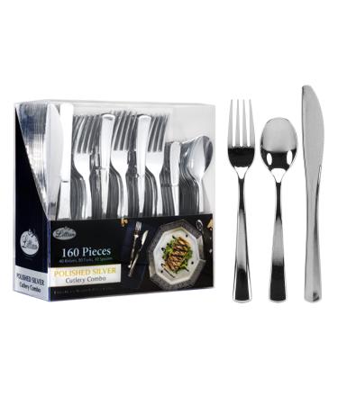 Plastic Cutlery Silverware Extra Heavyweight Disposable Flatware, Full Size Cutlery Combo, Polished Silver, 80 Forks, 40 Spoons, 40 Knifes, Value Pack 160 Count Silver 160 Pieces