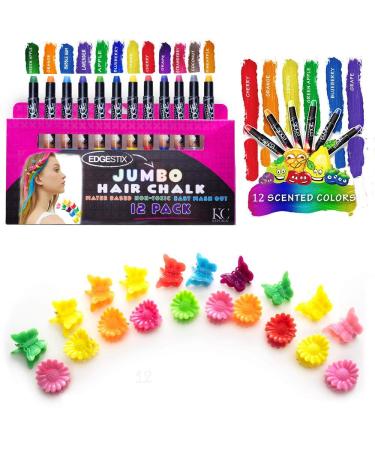 Kids Hair Chalk - JUMBO HAIR CHALK PENS - RAINBOW - Washable Hair Color Safe For Kids And Teen - 200% MORE COLOR PER PEN - SCENTED - For Party, Girls Gift, Kids Toy, Birthday Gift For Girls, 12 Colors