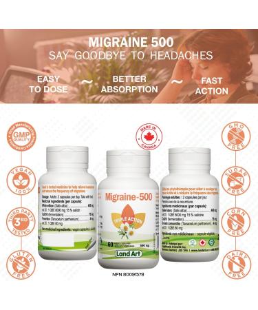 Migraine-500 - Headache & Migraine Relief - Natural Formula - 60 Capsules - Vegan - Gluten Free - GMO Free - Made in Canada - Buy Online on GoSupps.com