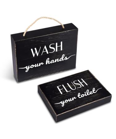 Black Farmhouse Bathroom Sign and Plaque (Set of 2), Wash Hand and Flush Toilet, Rustic Farmhouse Wood Bathroom Decor