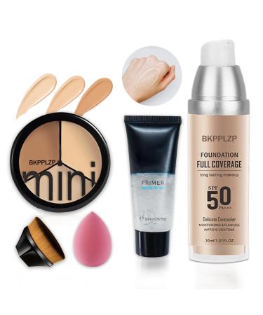 Full Coverage Creamy Concealer Liquid Foundation Set 3 Colors Corrector Palette Face Moisturizer Primer Powder Makeup Kit with Foundation Makeup Brush & Makeup Sponge