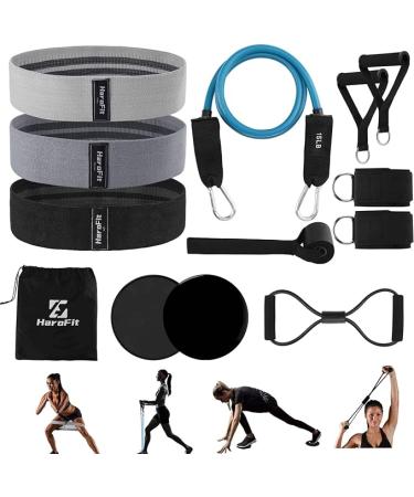 HaroFit Fabric Resistance Bands Set Booty Bands Glute Bands for Working Out with 15LB Exercise Bands Figure 8 Fitness Bands Door Anchor Handles Ankle Straps 2 Core Sliders Set of 13 for Home Fitness
