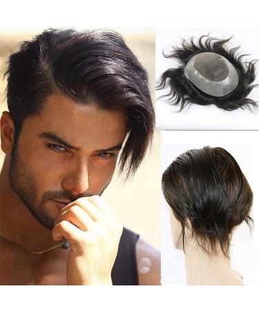 Human hair 100% 8 x10 remy hair replacement wigs fine mono with thin skin perimeter with medium dense toupet for men (#1b)