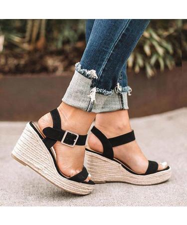 Rvidbe Women's Platform Wedge Sandals with Ankle Strap - Black, Size 8 - Buy Online on GoSupps.com