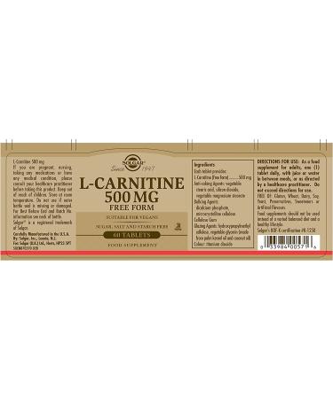 Solgar L-Carnitine 500 mg - 60 Free Form Tablets for Energy & Fat Metabolism - Buy Online on GoSupps.com