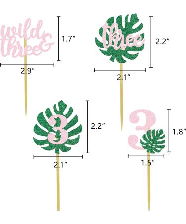 Safari Wild Three Cupcake Topper 3rd Birthday Party Decoration For Girl Jungle Glitter Tropical Leaf Food Picks Pink 3 - Buy Online on GoSupps.com
