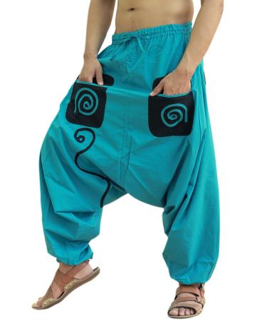 SARJANA HANDICRAFTS Men's Cotton Pockets Harem Yoga Baggy Genie Hippie Pants One Size Turquoise